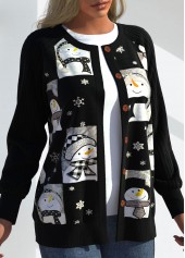 Christmas Snowman Print Patchwork Black Round Neck Cardigan