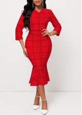 Red Belted Plaid Button Mermaid Dress