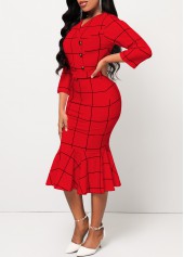 Red Belted Plaid Button Mermaid Dress
