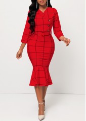 Red Belted Plaid Button Mermaid Dress