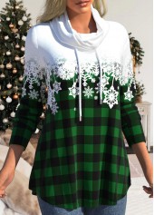 Snowflake Print Drawstring Green Cowl Neck Sweatshirt