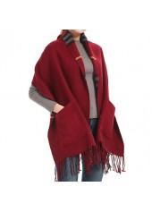 Pocket Tassel Plaid Wine Red Shawl