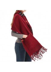 Pocket Tassel Plaid Wine Red Shawl