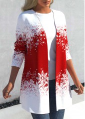 Christmas Snowflake Print Red Long Sleeve Coat