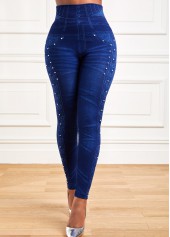 Dark Blue Elastic Waist High Waisted Leggings