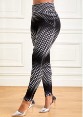 Geometric Print Black Elastic Waist High Waisted Leggings