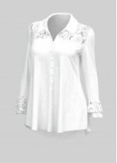Plus Size Lace Stitching White Turndown Collar Blouse