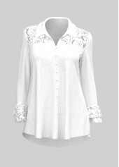 Plus Size Lace Stitching White Turndown Collar Blouse