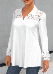 Plus Size Lace Stitching White Turndown Collar Blouse