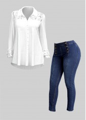 Plus Size Lace Stitching White Turndown Collar Blouse