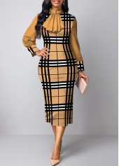 Plaid Patchwork Light Camel Stand Collar Bodycon Dress