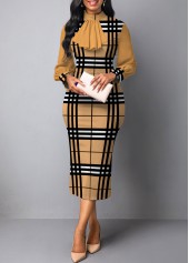 Plaid Patchwork Light Camel Stand Collar Bodycon Dress