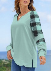 Mint Green Plus Size Split Plaid Sweatshirt