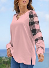 Light Pink Plus Size Split Plaid Sweatshirt