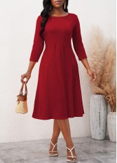 3/4 Sleeve Wine Red Round Neck Dress