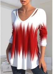 Ombre Cut Out Red V Neck T Shirt