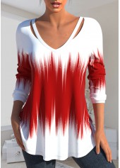 Ombre Cut Out Red V Neck T Shirt