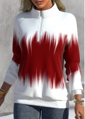 Ombre Zipper Red High Neck Long Sleeve Sweatshirt