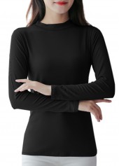 Stand Collar Long Sleeve Black T Shirt