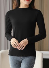 Stand Collar Long Sleeve Black T Shirt