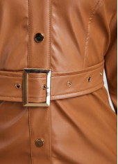 Light Coffee Belted Faux Leather Snap Button Dress