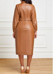 Light Coffee Belted Faux Leather Snap Button Dress