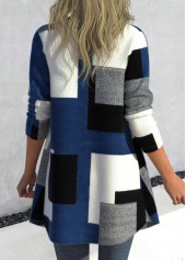 Geometric Print Patchwork Denim Blue Shirt Collar Coat