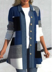 Geometric Print Patchwork Denim Blue Shirt Collar Coat