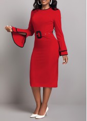 Contrast Binding Belted Wine Red Bodycon Dress