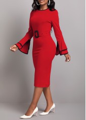 Contrast Binding Belted Wine Red Bodycon Dress