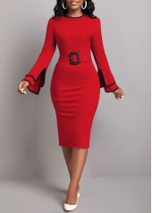 Contrast Binding Belted Wine Red Bodycon Dress