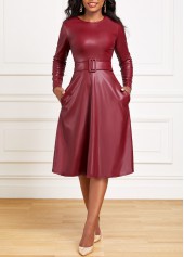 Faux Leather Belted Wine Red Boat Neck Dress