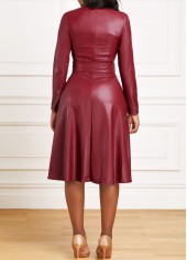 Faux Leather Belted Wine Red Boat Neck Dress