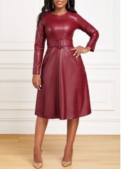 Faux Leather Belted Wine Red Boat Neck Dress