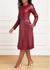 Faux Leather Belted Wine Red Boat Neck Dress