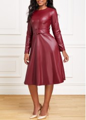 Faux Leather Belted Wine Red Boat Neck Dress