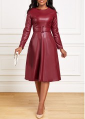 Faux Leather Belted Wine Red Boat Neck Dress