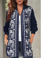 Paisley Print Pocket Navy Hooded Long Sleeve Coat