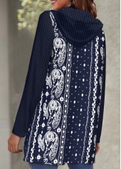 Paisley Print Pocket Navy Hooded Long Sleeve Coat