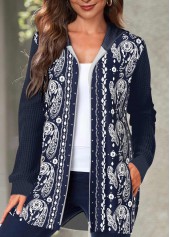 Paisley Print Pocket Navy Hooded Long Sleeve Coat