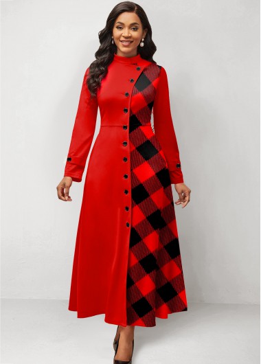 Plaid Patchwork Red Stand Collar Maxi Dress 36$