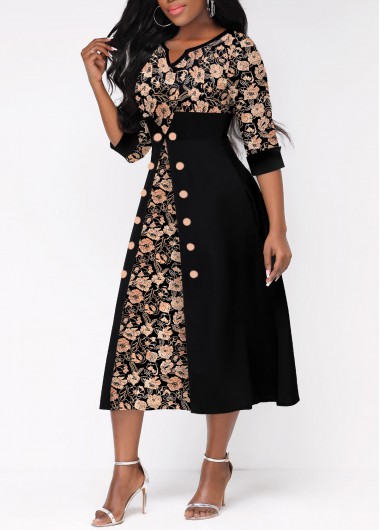 Rosewe Women Black Split Neck Three Quarter Sleebe A Line Vintage Floral Printed Midi Elegant Casual Dress - XXL