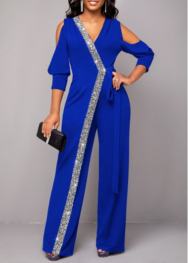 Royal Blue Sequin V Neck Jumpsuit