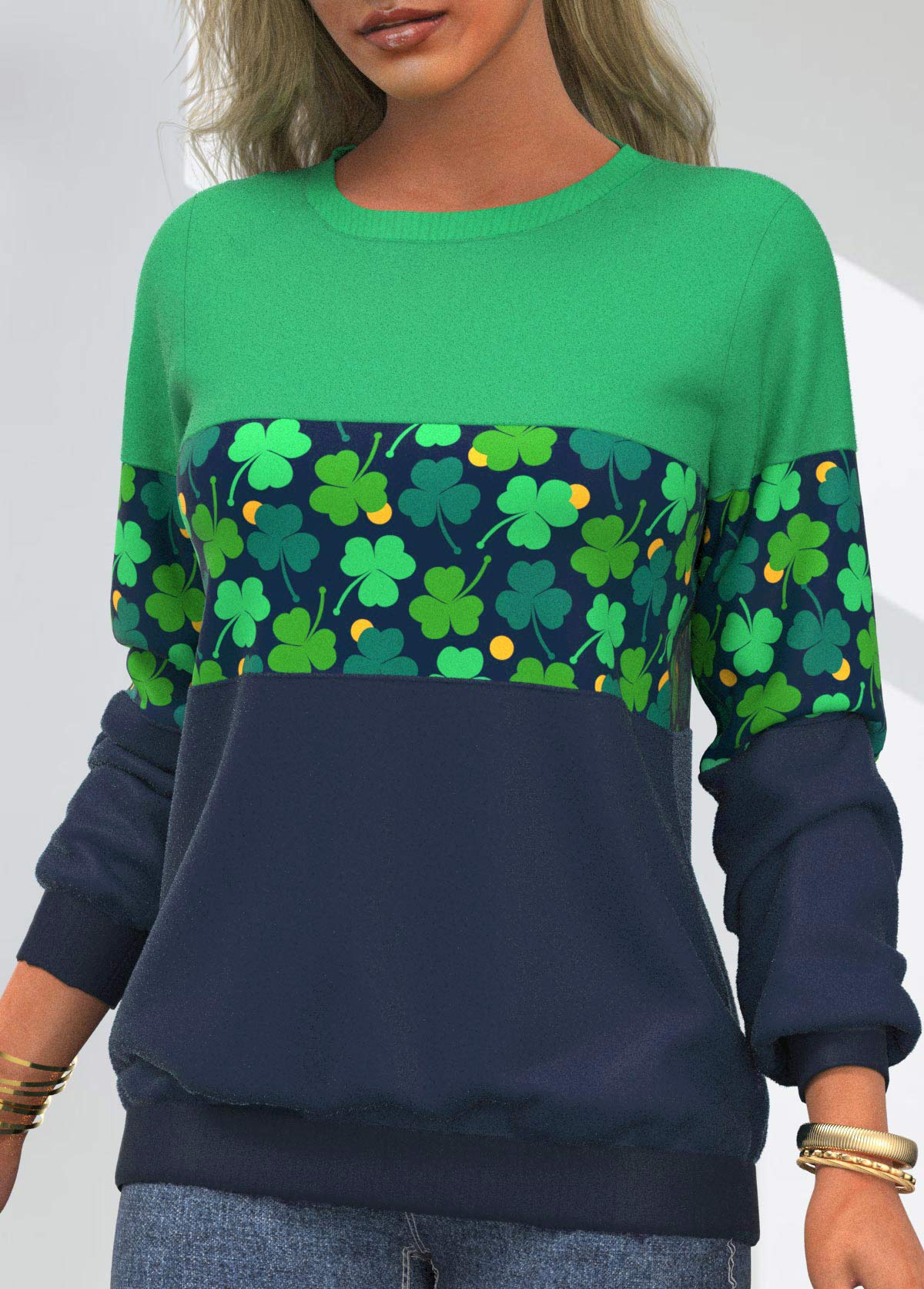Green Contrast Patricks Day Four Leaf Clover Sweatshirt