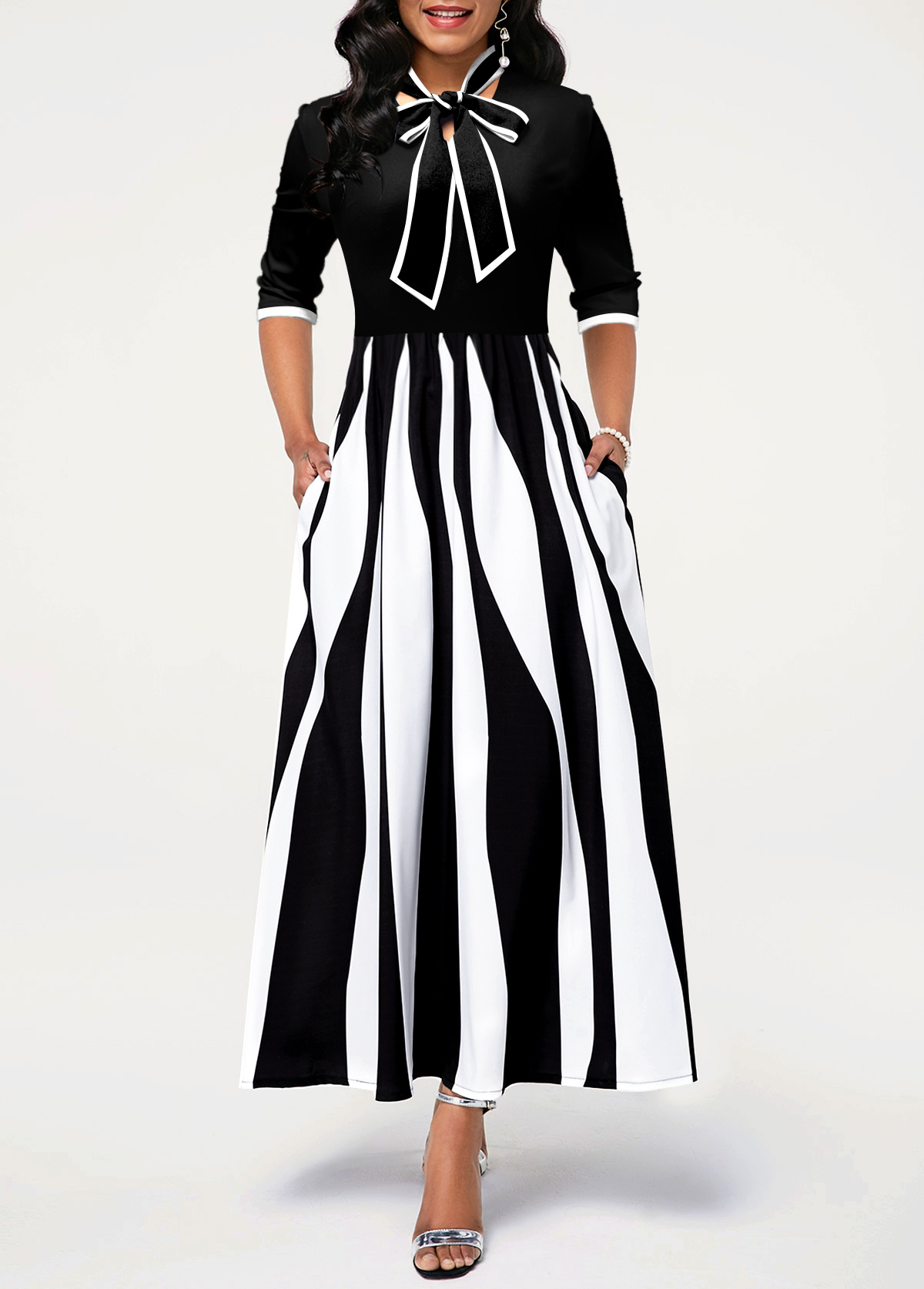 Geometric Print Pocket White Tie Collar Maxi Dress | Rosewe.com - USD ...