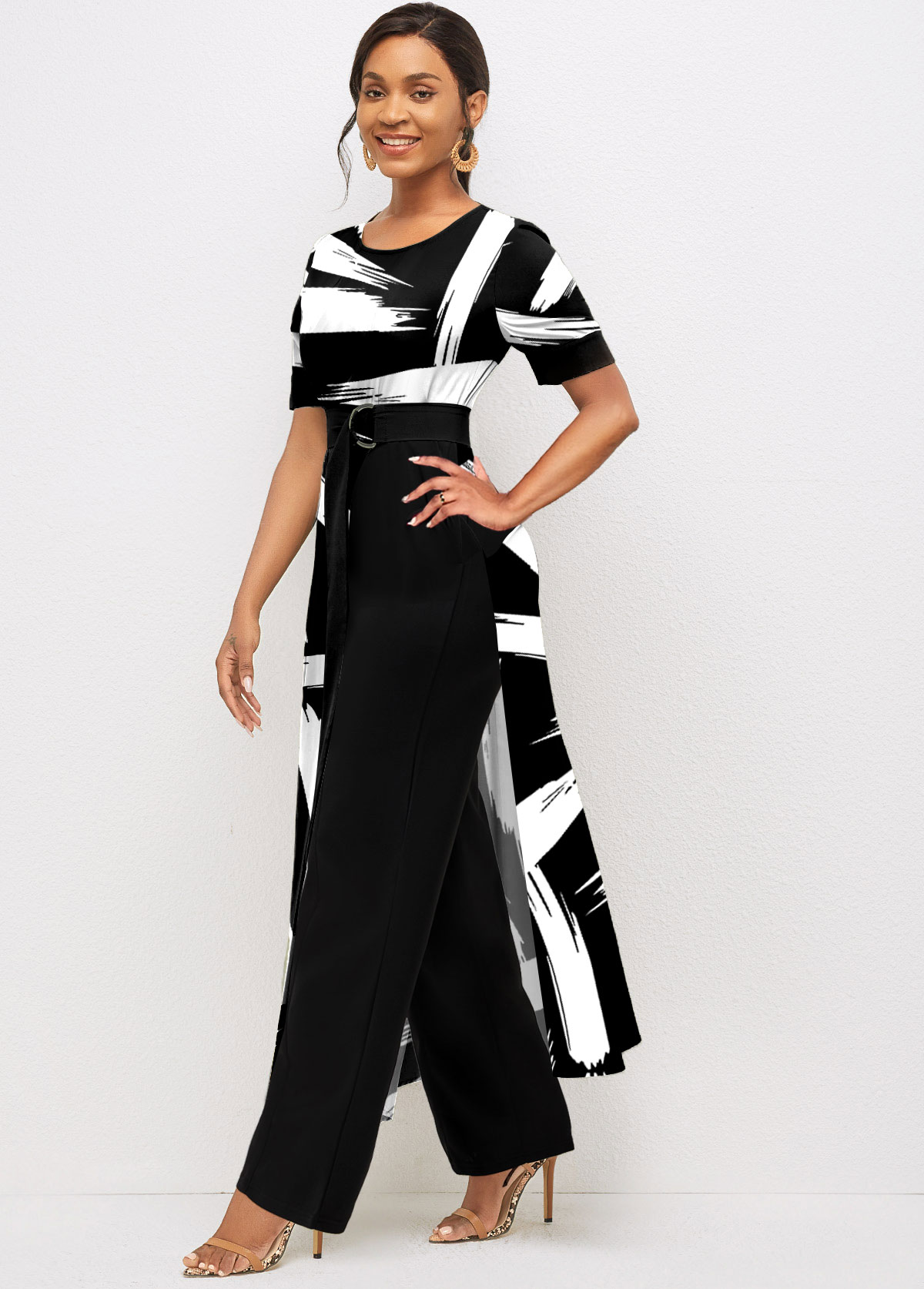 Graffiti Print Black Belted Asymmetric Hem Jumpsuit