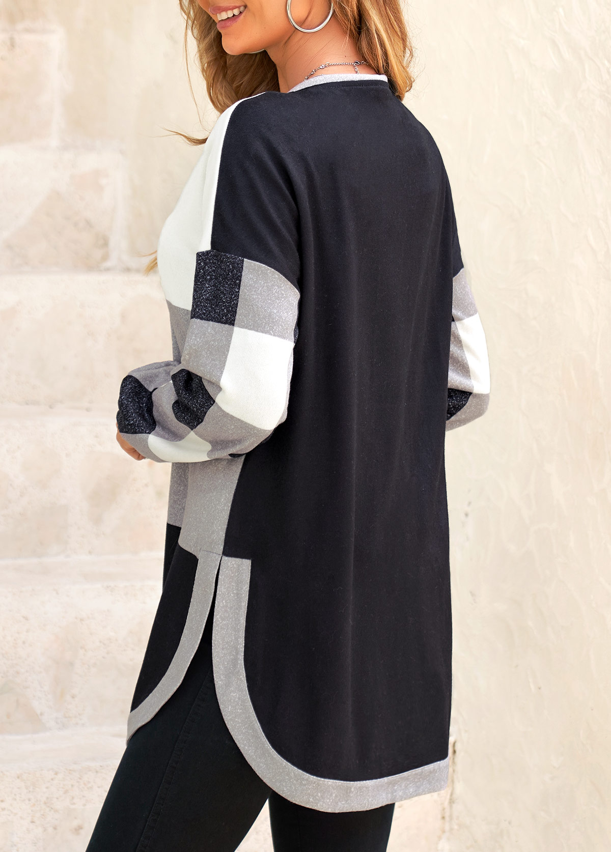 Plaid Split Black Long Sleeve Coat