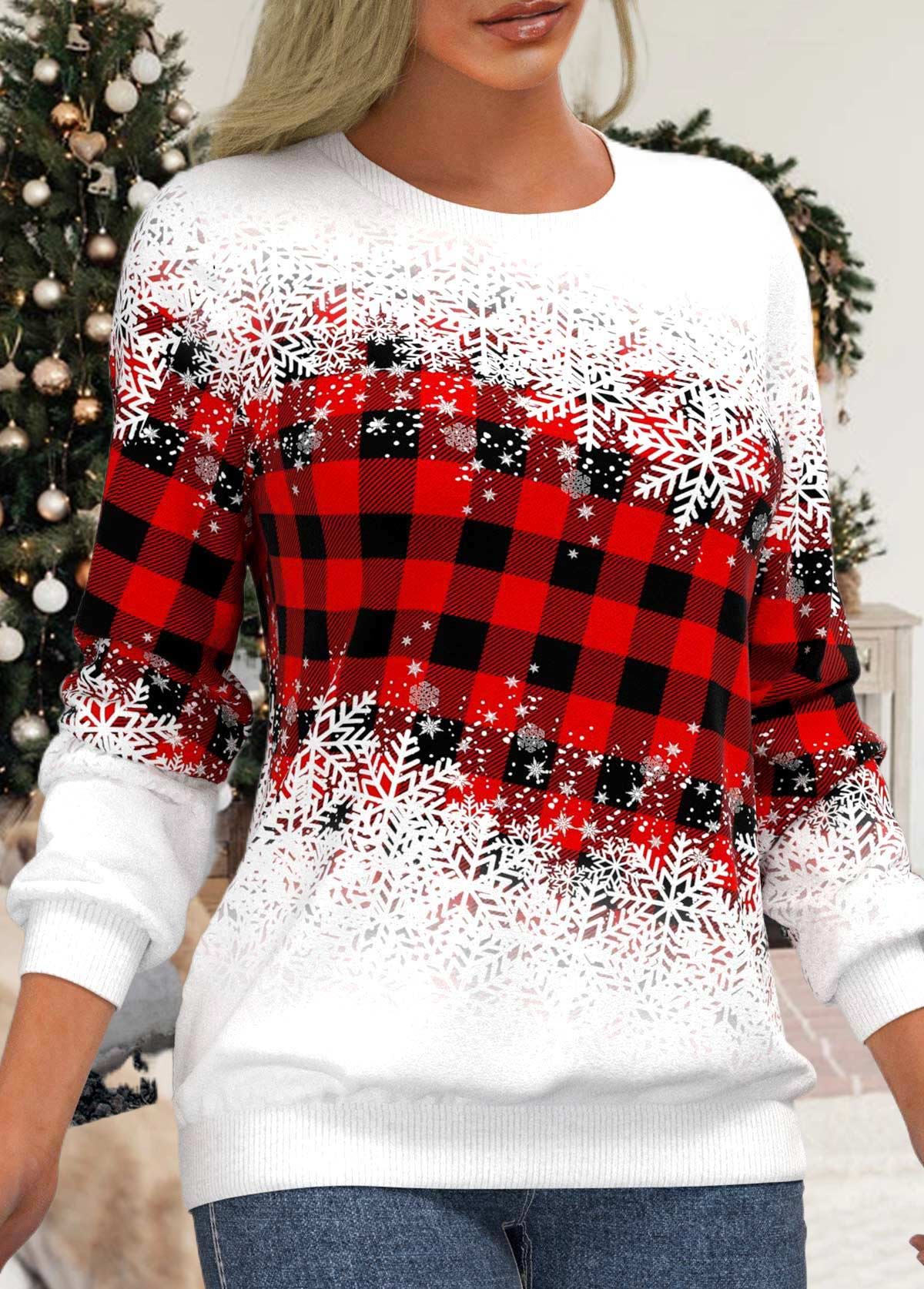 Snowflake Print Red Round Neck Regular Sleeve Sweatshirt