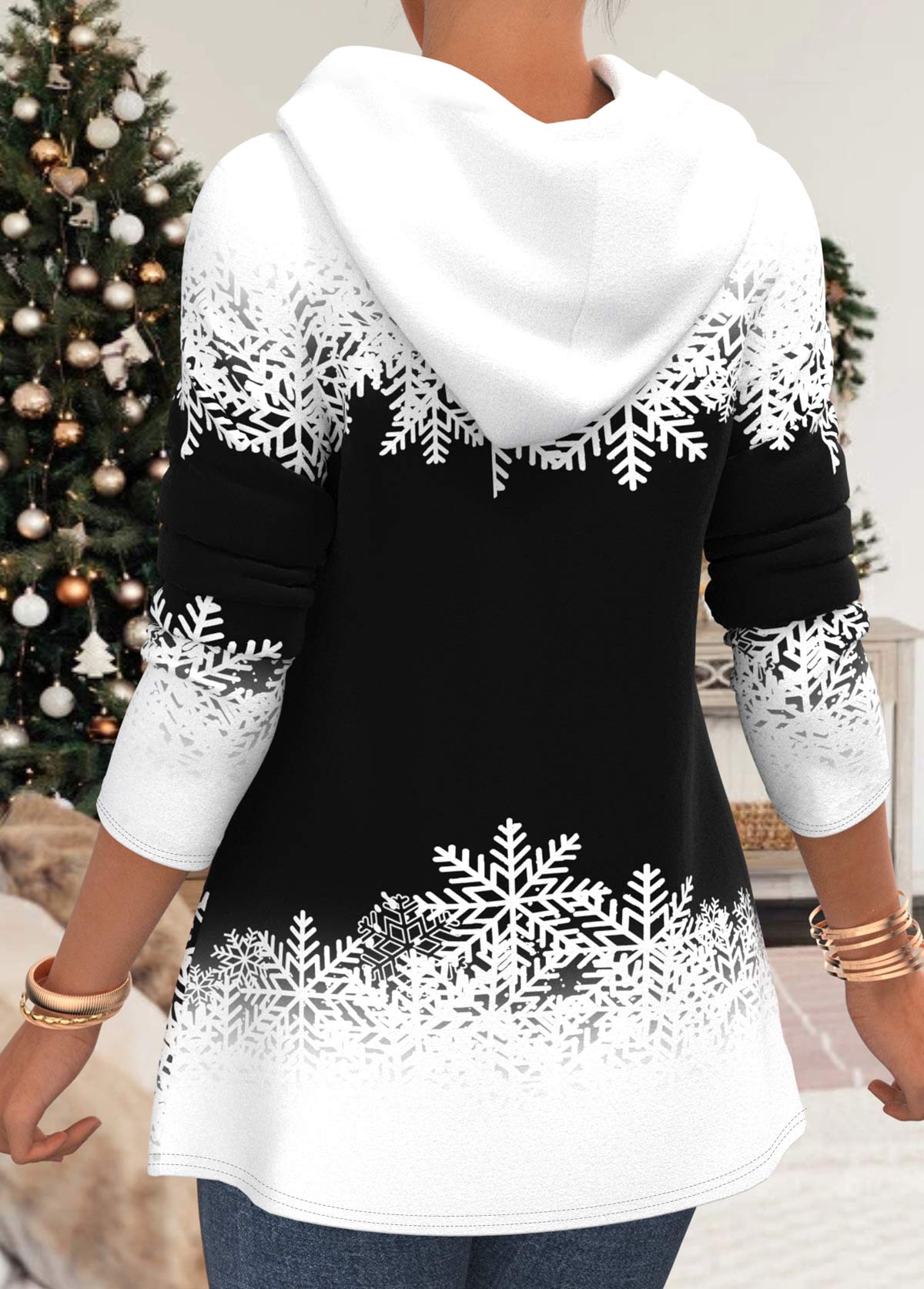 Plus Size Black Christmas Snowman Print Drawstring Hoodie