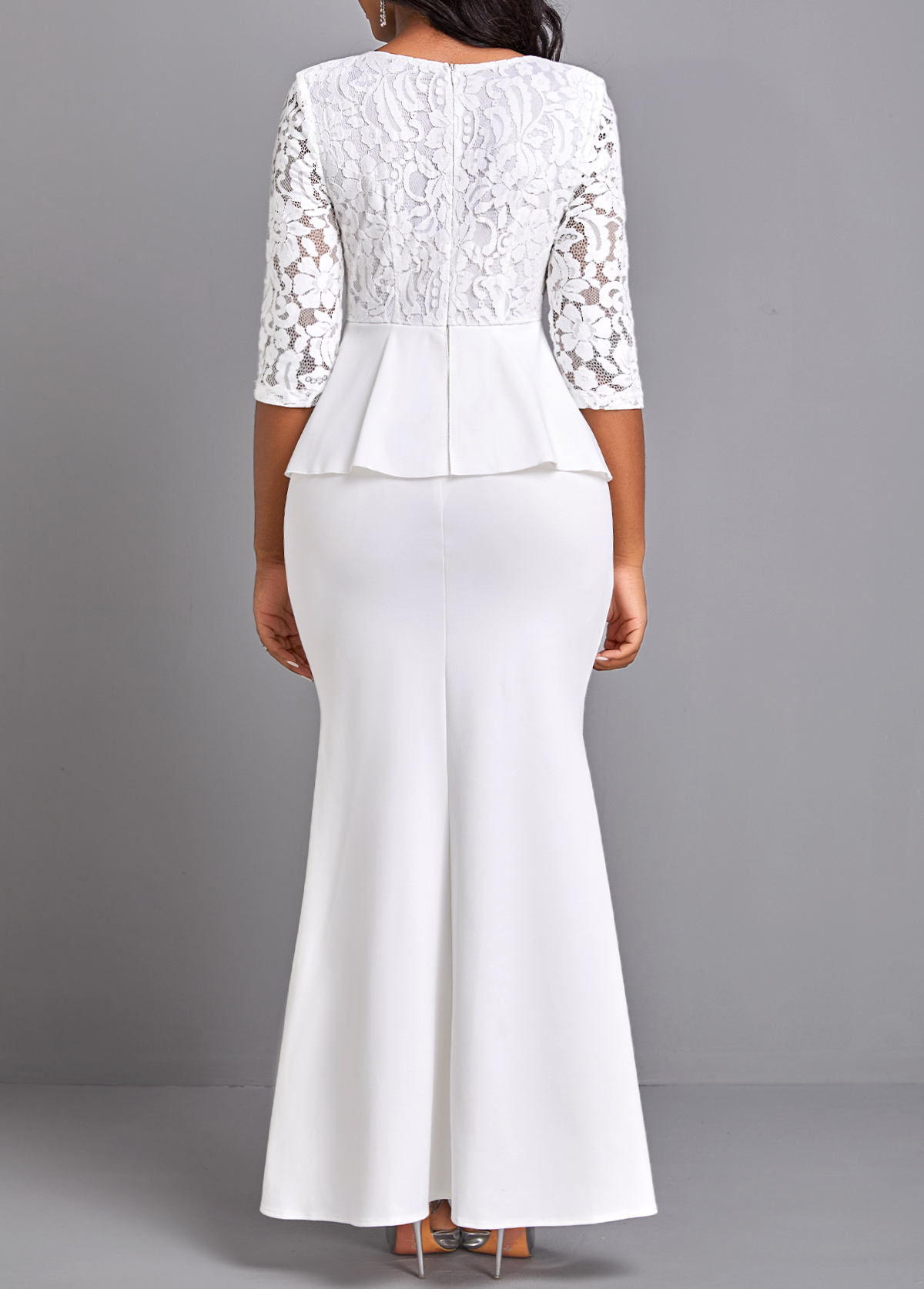 Lace Trim White Peplum Waist Maxi Dress